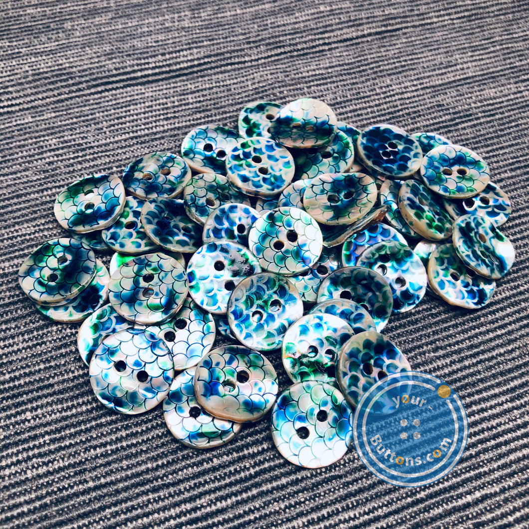 (3 pieces set) 14mm Fancy abalone shell button with pattern look green