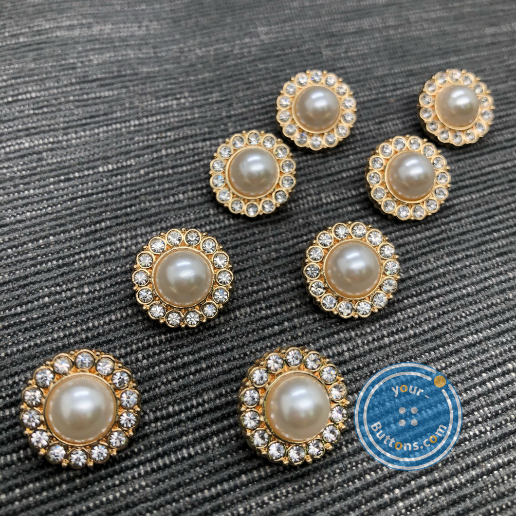(2 pieces set) 15mm Pearl button with diamonds light gold shank button