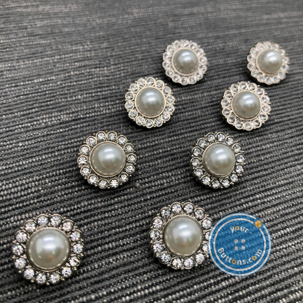 (2 pieces set) 15mm Pearl button with diamonds silver shank button