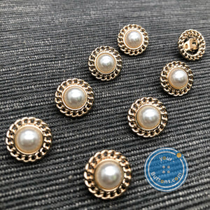 (3 pieces set) Metal shank button with Chain around and pearl top gold & silver